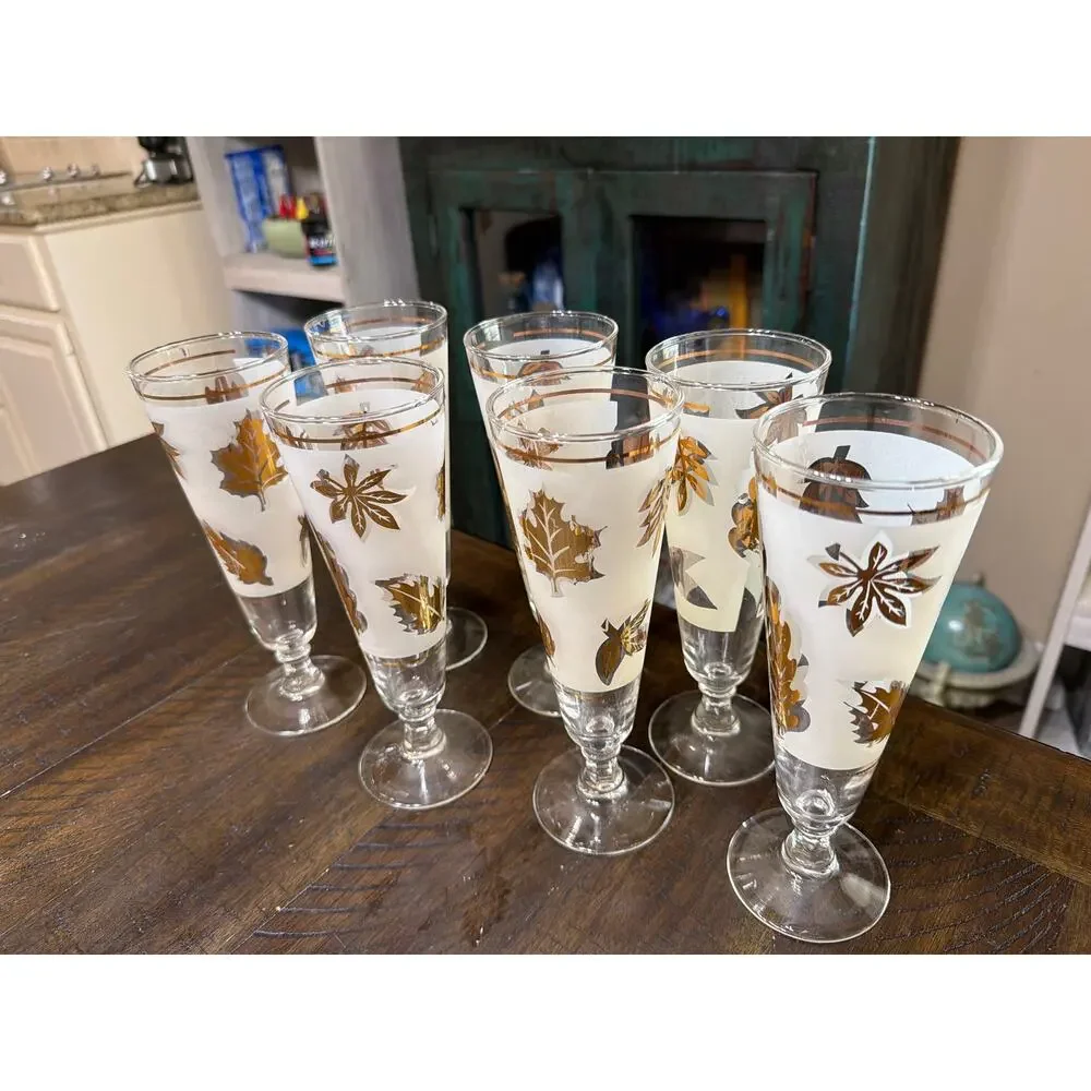 MCM Vintage 1960s Libbey Frosted Tom Collins Glass Gold Foliage Pattern 7